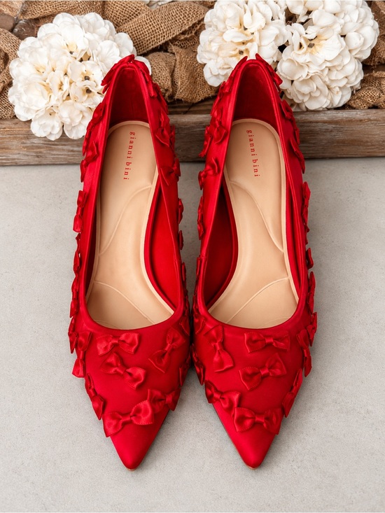 Gianni Bini Shoes - Gianni Bini Red Satin Pointed Pumps with All-Over Bow Detail